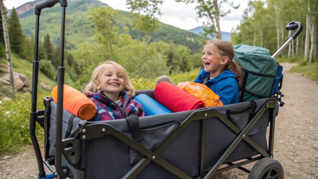 alt with keywords: Two happy children sitting comfortably in a large stroller wagon with camping gear, ready for adventure