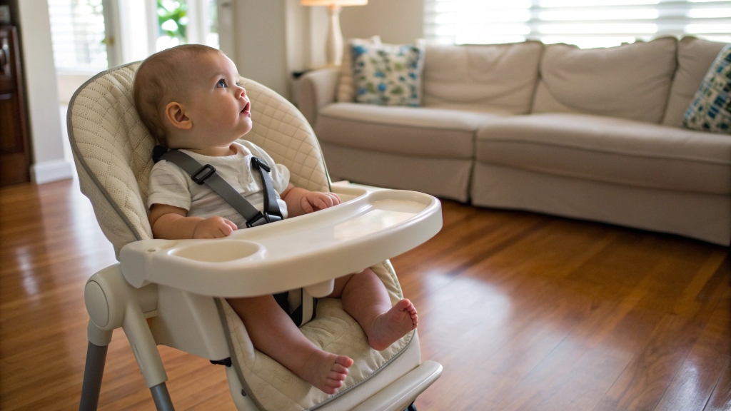 Close up of a high chair with a 5-point harness