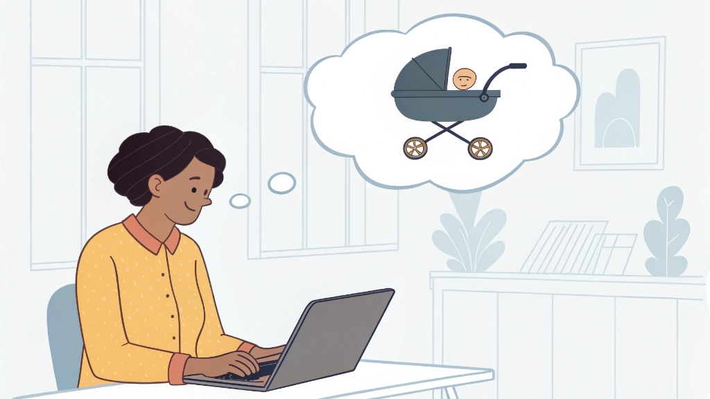 A person typing on a laptop with a thought bubble showing a stroller and Chinese characters