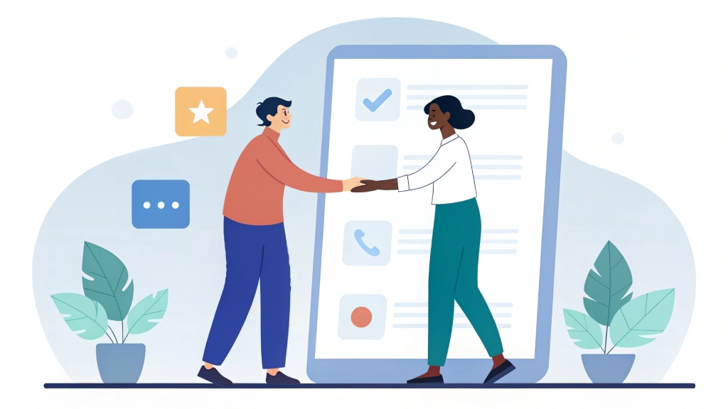 Two people shaking hands over a digital interface showing text messages and translation icons