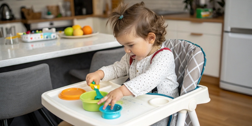 child pushing high chair tray