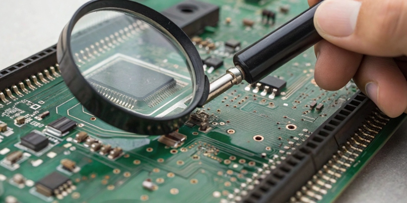Circuit board with tiny components being inspected under a magnifying glass