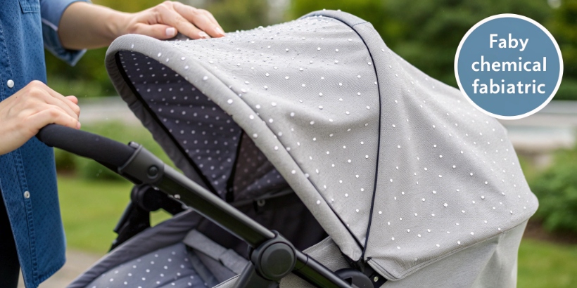 Close-up of baby stroller fabric being inspected for chemical consistency