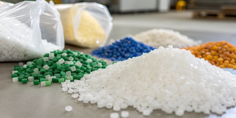 Close-up of plastic pellets, some virgin, some recycled, on a factory floor