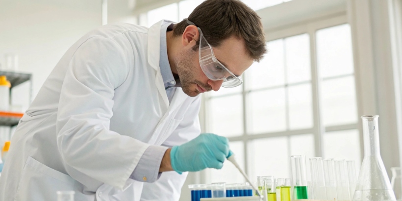 Laboratory technician conducting chemical tests on plastic samples