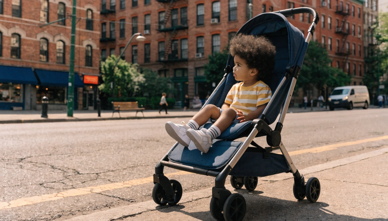 A newborn baby sleeping peacefully in a flat-recline stroller