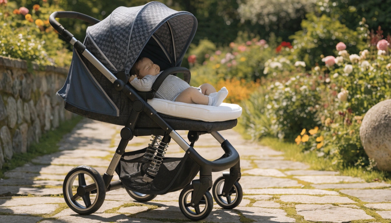 A curious toddler sitting upright in a lightweight stroller