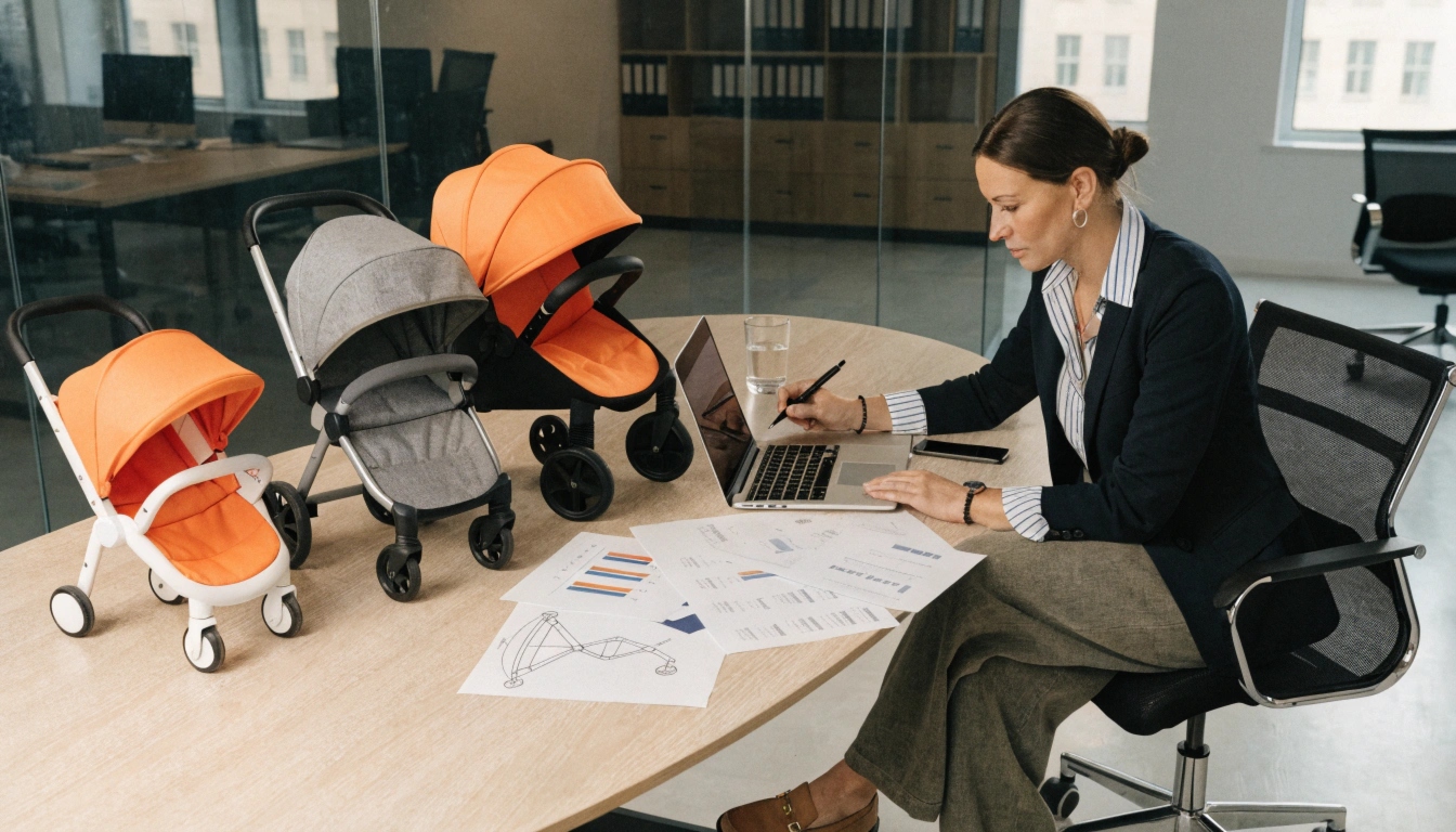 A product manager reviewing stroller design specifications